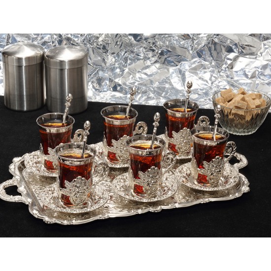 Tiryaki Çay Takımı, 6 kişilik, Kare Tepsili, Gümüş