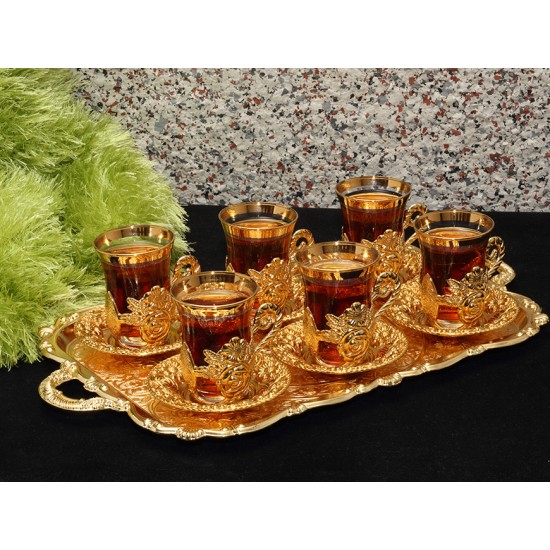 Tiryaki Çay Takımı, 6 kişilik, Kare Tepsili, Altın